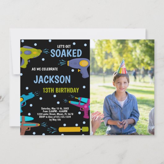 イエローブラックブルーフォトウォーターガン招待状 招待状 (正面)