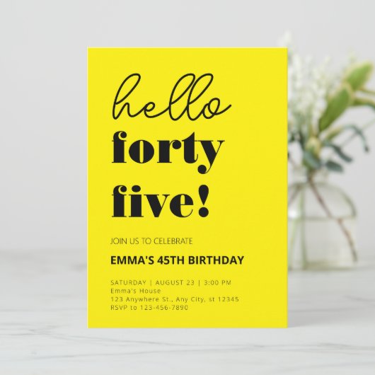 イエローブラックモダン45誕生日 招待状 (スタンド正面)