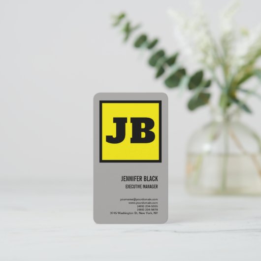 イエローブラックモノグラムはっきりしたミニマリストモダンプレーン 名刺 (スタンド正面)