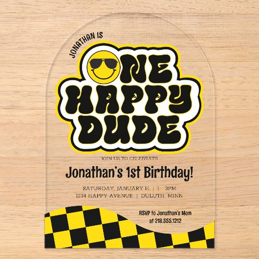 イエローブラックレトロな1歳の誕生日おめでとう アクリル招待状 (正面)