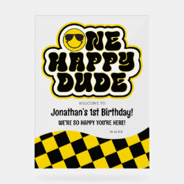 イエローブラックレトロワンハッピードゥード誕生日ウェルカム アクリルサイン