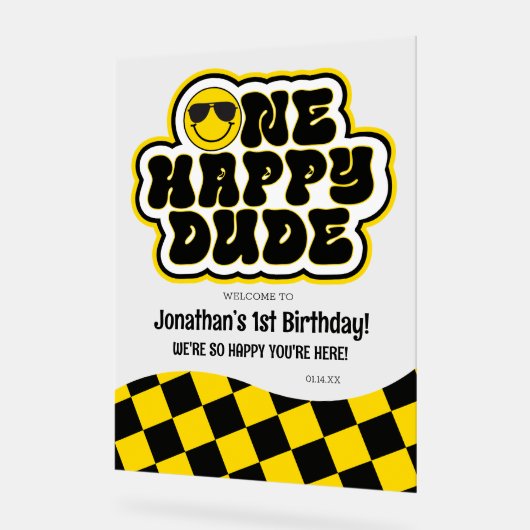 イエローブラックレトロワンハッピードゥード誕生日ウェルカム アクリルサイン (傾斜)