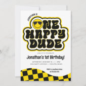 イエローブラックレトロワンハッピードダード1st誕生日 招待状 (正面)