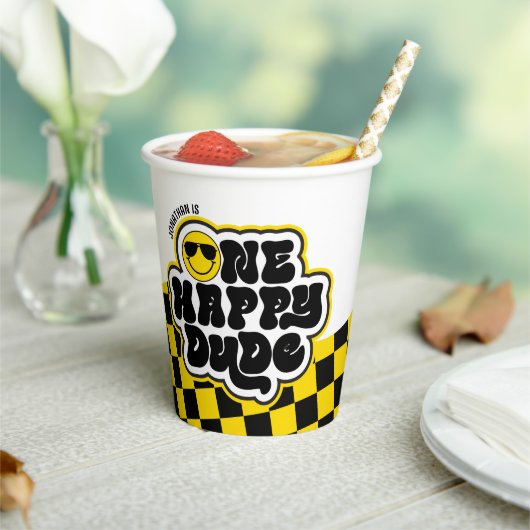 イエローブラックレトロワンハッピードダード1st誕生日 紙コップ (インサイチュ)