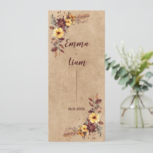 イエローブルガンディーオータムフローラ結婚式 プログラムカード 招待状 (スタンド正面)