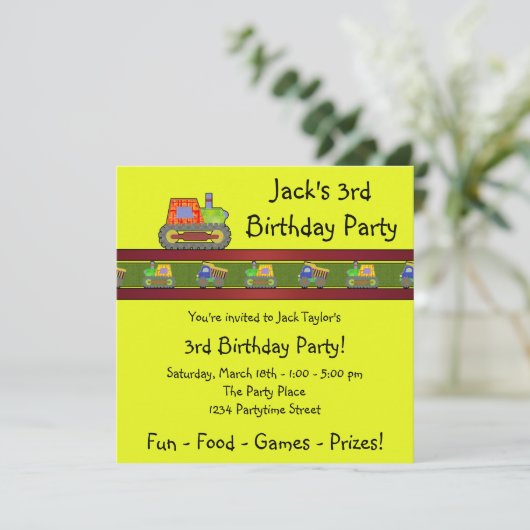 イエローブルドーザーボーイズサードバースデーパーティの招待状 招待状 (スタンド正面)