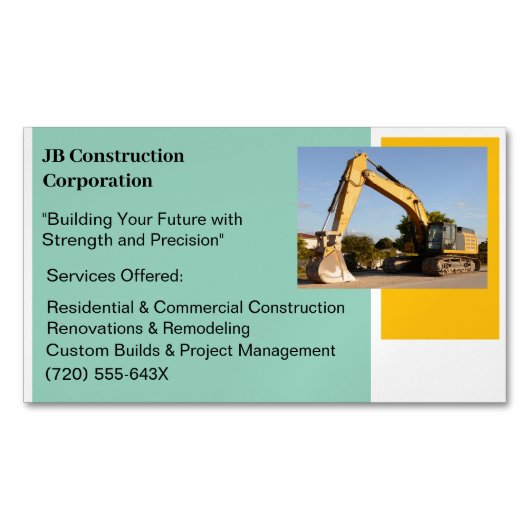 イエローブルドーザー建物契約者建築 マグネット名刺 (正面)