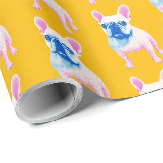 イエローブルーとピンクのブフランスのルドッグアート ラッピングペーパー (ロールコーナー)