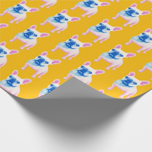 イエローブルーとピンクのブフランスのルドッグアート ラッピングペーパー (角)
