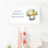 イエローブルーの花のティーカップ 誕生日 横断幕 (インサイチュ)