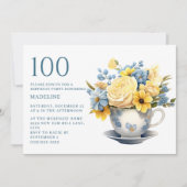 イエローブルーの花のティーカップ 100歳の誕生日 招待状 (正面)