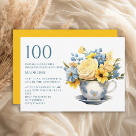 イエローブルーの花のティーカップ 100歳の誕生日 招待状