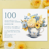 イエローブルーの花のティーカップ 100歳の誕生日 招待状