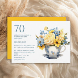 イエローブルーの花のティーカップ 70歳の誕生日 招待状
