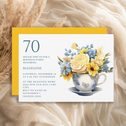 イエローブルーの花のティーカップ 70歳の誕生日 招待状