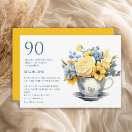 イエローブルーの花のティーカップ 90歳の誕生日 招待状
