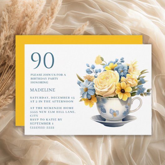 イエローブルーの花のティーカップ 90歳の誕生日  招待状