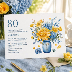 イエローブルーの花柄カントリーテイスト80歳の誕生日 招待状
