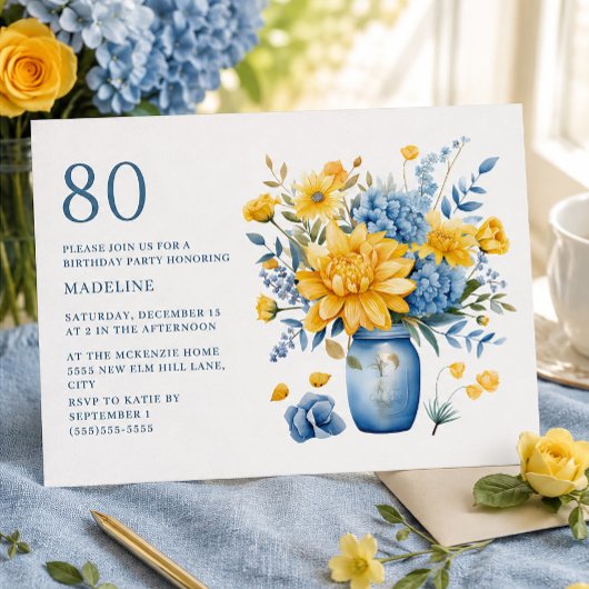 イエローブルーの花柄カントリーテイスト80歳の誕生日 招待状