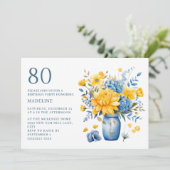 イエローブルーの花柄カントリーテイスト80歳の誕生日 招待状 (スタンド正面)