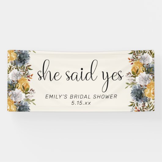 イエローブルーの花柄 ウェディングシャワー "Yes" サイン 横断幕 (横)