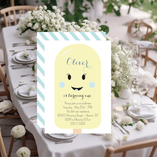 イエローブルーアイスクリームコーンスクープ誕生日パーティー 招待状