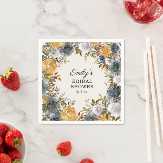 イエローブルーウォーターカラーフローラブライダルシャワー スタンダードカクテルナプキン (インサイチュ)