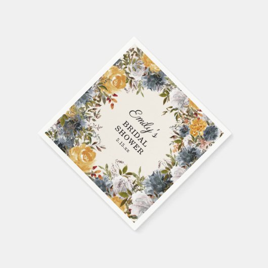 イエローブルーウォーターカラーフローラブライダルシャワー スタンダードカクテルナプキン (角)
