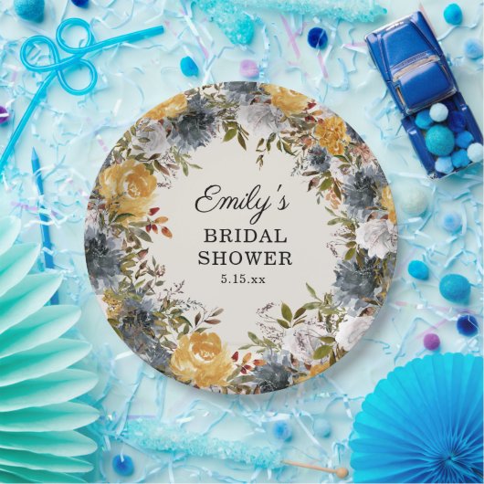 イエローブルーウォーターカラーフローラブライダルシャワー ペーパープレート (パーティー)
