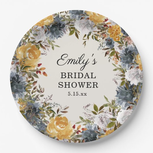 イエローブルーウォーターカラーフローラブライダルシャワー ペーパープレート (正面)