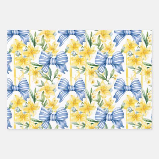 イエローブルーウォーターカラーレモン弓ストライプ式 ラッピングペーパーシート (正面)