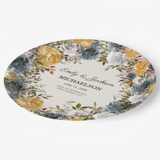 イエローブルーウォーター結婚カラーフローラの新郎新婦 ペーパープレート (アングル)
