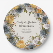 イエローブルーウォーター結婚カラーフローラの新郎新婦 ペーパープレート (正面)