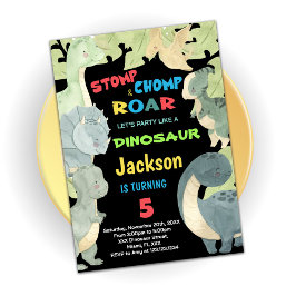 イエローブルーグリーン恐竜誕生日招待状 招待状