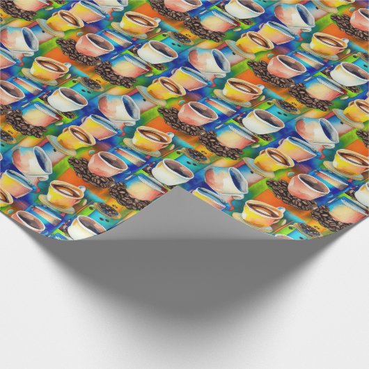 イエローブルーコーヒーカップ水彩パターン ラッピングペーパー (角)