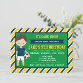 イエローブルーサッカーサッカー誕生日招待状 招待状 (スタンド正面)