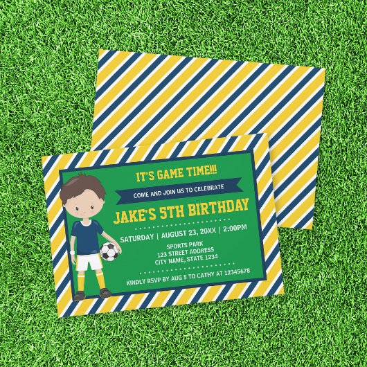 イエローブルーサッカーサッカー誕生日招待状 招待状