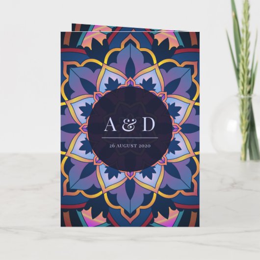 イエローブルーパープルエスニックマンダラ結婚インディアン 招待状 (裏面)