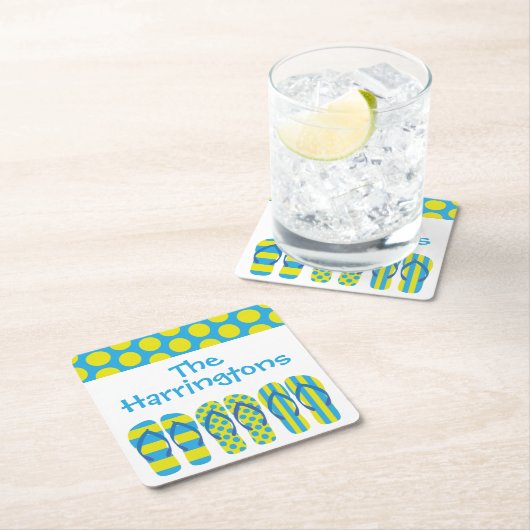 イエローブルービーチサンダルパーソナライズされた紙コースター スクエアペーパーコースター (インサイチュ)