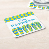 イエローブルービーチサンダルパーソナライズされた紙コースター スクエアペーパーコースター (アングル)