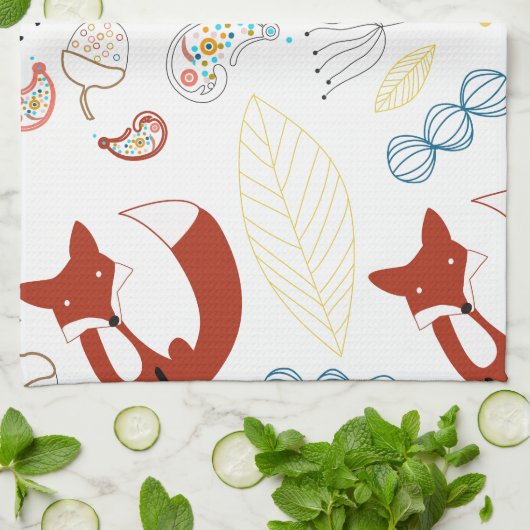 イエローブルーピンクの可愛い手描きキツネハート キッチンタオル (折り畳み)