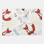 イエローブルーピンクの可愛い手描きキツネハート キッチンタオル (横)