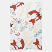 イエローブルーピンクの可愛い手描きキツネハート キッチンタオル (縦)