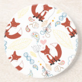 イエローブルーピンクの可愛い手描きキツネハート コースター (正面)