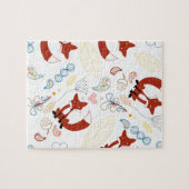 イエローブルーピンクの可愛い手描きキツネハート ジグソーパズル (横)