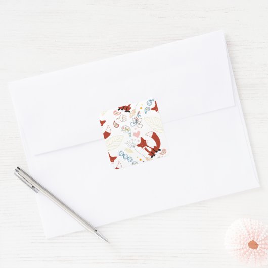 イエローブルーピンクの可愛い手描きキツネハート スクエアシール (封筒)