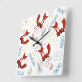 イエローブルーピンクの可愛い手描きキツネハート スクエア壁時計 (傾斜)