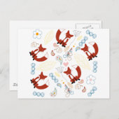 イエローブルーピンクの可愛い手描きキツネハート ポストカード (正面/裏面)