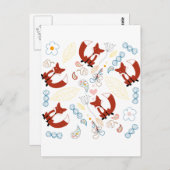 イエローブルーピンクの可愛い手描きキツネハート ポストカード (正面/裏面)