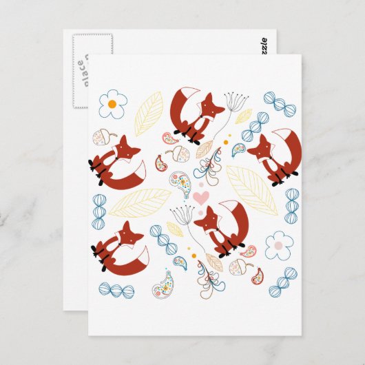 イエローブルーピンクの可愛い手描きキツネハート ポストカード (正面/裏面)